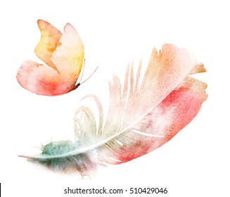 Watercolor feather and butterfly
