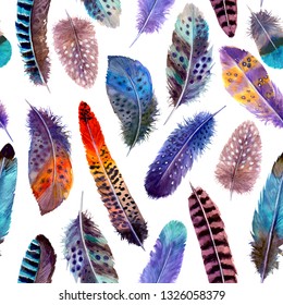 Watercolor Feathers Colorful Abstract Seamless Pattern On White Background. Hand Drawn Watercolour Bird Feather Bright Illustration. Print Design For Textile, Fabric, T-shirt, Wallpaper Wrapping Paper