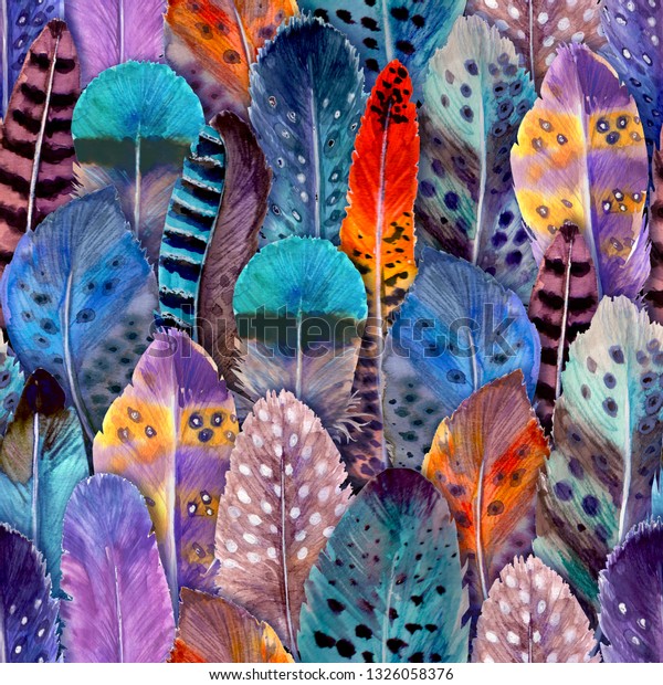 水彩の羽のカラフルな抽象的シームレスパターン 手描きの水彩の鳥の羽の鮮やかなボケスタイルの明るいイラスト 繊維 布地 Tシャツ 壁紙 包装紙の印刷デザイン のイラスト素材