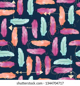 Watercolor Feathers Seamless Boho Pattern With Feathers And Gold Foil Arrows. Decoration Native Tribal Print. Orange, Pink, Blue, Teal Bird Feathers. Multidirectional Bohemian Aztec Ethnic Design