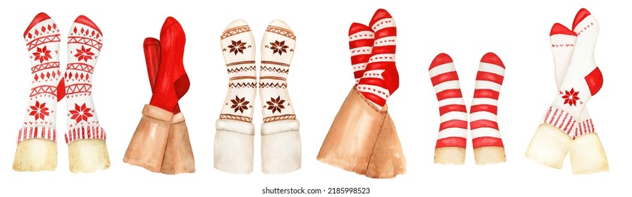 Watercolor Feets In Christmas Wool Socks Clipart Set For Party Invitations, Greeting Cards, Wall Art