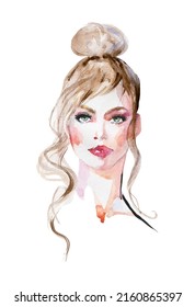 Watercolor Female Portrait. Hand Drawn Young Woman With Updo Hair. Painting Fashion Illustration On White Background.