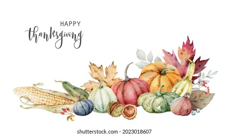 Watercolor Festive Autumn Decor Of Colorful Pumpkins, Corn, Chestnuts And Leaves. Concept Of Thanksgiving Day Or Halloween. Botanical Illustration Isolated On White Background. 