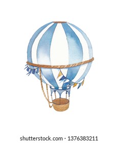 Watercolor Festive Illustration. Hand Painted Vintage Flags Garlands, Hot Air Balloon Isolated On White Background. Baby Boy Greeting Card