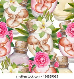 Watercolor Fetus In The Glass Bottle With Floral Decorations. Artificial Insemination Or IVF Topic. Hand Painted Seamless Pattern