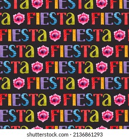 Watercolor Fiesta Lettering With Flowers Seamless Pattern	