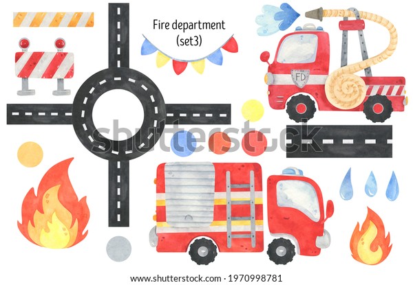 Watercolor\
Fire Department and Fire truck. Fire equipment, funny cars\
illustration. Red truck, truck, road, fire, garland, attention. For\
design invitations, poster, nursery\
clipart
