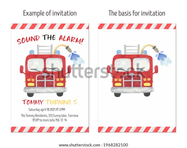 Watercolor\
Fire Department and Fire truck invitation card, layout. Design for\
birthday party, baby shower. Fire hydrant, hose, axe,\
walkie-talkie, fire, bucket, siren,\
alarm.	