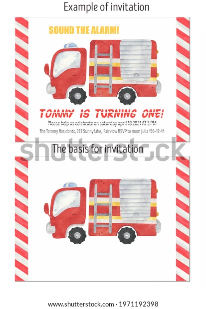 Watercolor Fire\
Department and Fire truck invitation card, layout. Design for\
birthday party, baby shower. Fire hydrant, hose, axe,\
walkie-talkie, fire, bucket, siren,\
alarm