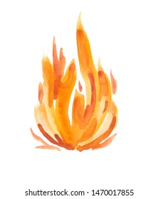 Watercolor fire isolated on white background. Tongues of flame, template for text or lettering. Hand drawn yellow and orange aquarelle burning bonfire, campfire silhouette with sparks.