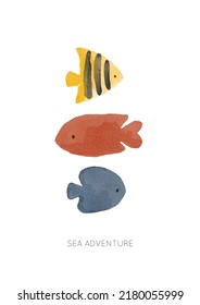 Watercolor fish and animals in the ocean. Undersea cute cartoon poster or card. Inhabitants of the sea world, cute underwater creatures, corals, fish, 
