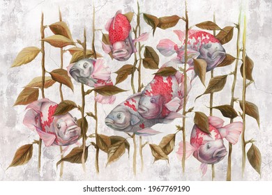 Watercolor fish on grey concrete grunge wall. Great choise for wallpaper, photo wallpaper, mural, card, postcard. Design for modern and loft interiors.