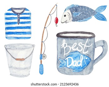 Watercolor fishing collection. Vest, fishing rod, fish, father's mud with lettering isolated on white background. Elements for father's day, birthday, kids, and etc. - Powered by Shutterstock