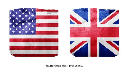 Watercolor Flag Background On White. Set. USA, UK