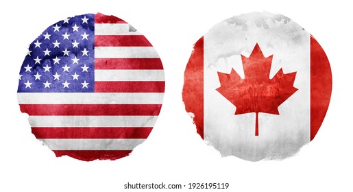 Watercolor flag circle on white. USA and Canada