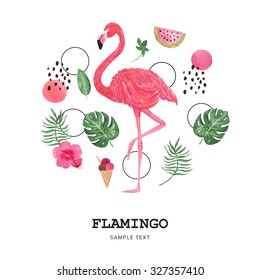 Watercolor Flamingo Badge. Hand Drawn Poster.