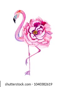 Watercolor flamingo with exotic flowers. Hand drawn illustration.