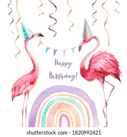 Watercolor flamingo party card. Happy birthday design with flamingos, rainbow, party cone, confetti, garland. Festive watercolors isolated on white background. - Powered by Shutterstock