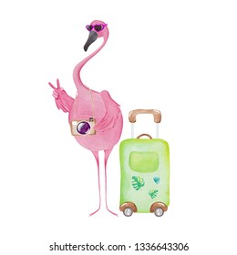 Watercolor flamingo with suitcase and camera. Hello Summer card