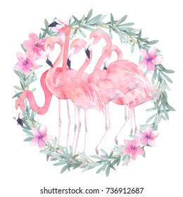Watercolor flamingos with eucalyptus wreath. Hand drawn isolated illustration