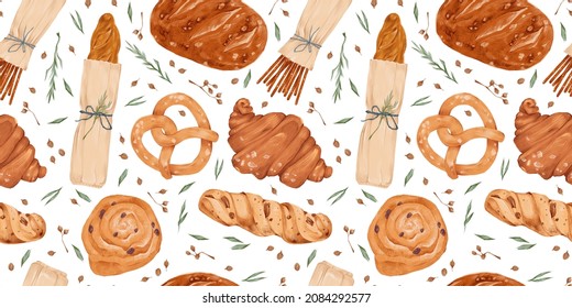 Watercolor flat cartoon style bakery seamless pattern with illustration of bakery product isolated on white background. Bakery shop design. Organic bread, baguette, pecan, croissant, bun, pretzel