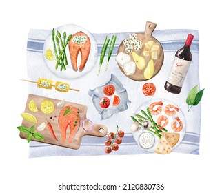 Watercolor Flat Lay Picnic On Light Rug With Roasted On Grill Salmon Steak, Vegetables, Shrimps, Red Wine And Cheese On Wooden Board. Summer Mood And Outdoor Rest. Hand Drawn Isolated Barbecue Clipart