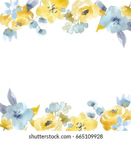 Watercolor Floral Abstract Card, Yellow And Blue Flowers, Leaves. Invitation Template