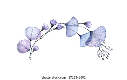 Watercolor floral arch  Blue branches  flowers   leaves  Round design element  Transparent detailed foliage isolated white  Realistic botanical illustration for cards  wedding design