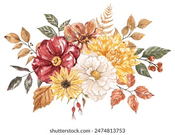 A watercolor floral arrangement featuring autumn colorful flowers and foliage. Botanical hand-painted illustration of a fall bouquet. - Powered by Shutterstock