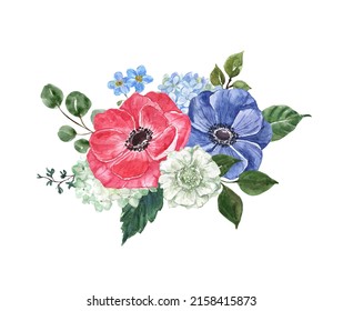 Watercolor floral arrangement and hand  painted red  white   blue flowers    green leaves  Holiday card design  Summer bouquet 