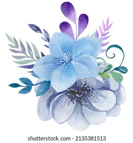 Watercolor floral arrangements and bouquets.Bright flowers and plants, blue, purple, green, pink, blue. For holiday cards design, birthday, baby design, baby shower, wedding invitations.