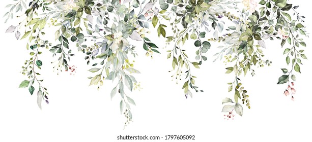  watercolor floral arrangements with leaves, herbs.  herbal illustration. Botanic composition for wedding, greeting card. 