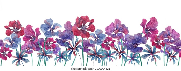 Watercolor floral background with anemones and stylized flowers. Flower border. Illustration of field for design of banner, poster, cards, decoration of rooms.