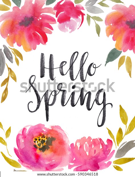 明るい緋色の花の背景に水色の花 スタイリッシュな手書きのフレーズを持つ春のデザインカード ハロースプリング のイラスト素材