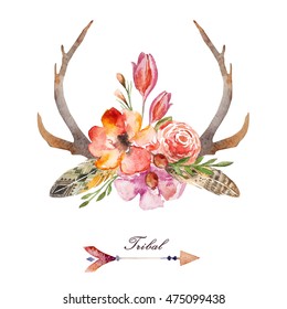 Watercolor floral boho antler print. western bohemian decoration. Hand drawn vintage deer horns with flowers, leaves and herbs. Eco style hipster illustration on white.