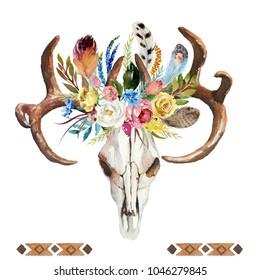 Watercolor floral boho illustration and skull  antlers  flowers & feathers    colorful bohemian flower illustration for wedding  anniversary  birthday  invitations  romance 