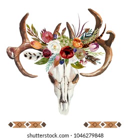 Watercolor floral boho illustration and skull  antlers  flowers  feathers  pomegranate & arrow    colorful bohemian flower illustration for wedding  anniversary  birthday  invitations  romance 