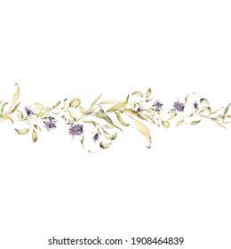 Watercolor floral border. Hand painted frame of forest greenery, wildflowers, herbs. Green leaves, chamomile isolated on white background. Botanical illustration for design, print or background