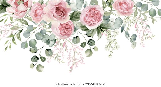 Watercolor floral border. Light pink flowers and eucalyptus greenery. Wedding invitation. Dusty roses, soft blush peony frame, bouquet. Perfect for stationary, greeting card, fashion - Powered by Shutterstock