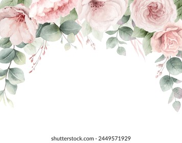 Watercolor floral border with pink roses flowers, eucalyptus branches and texture. Perfect for wedding stationery, greetings, wallpapers, fashion, fabric, home decoration. Hand painted illustration. - Powered by Shutterstock