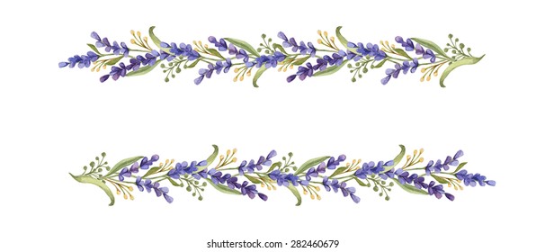 白い背景に水彩の花柄の境界にラベンダーの花と葉 のイラスト素材