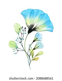 Watercolor floral bouquet with big anemone and snowdrops. Abstract composition with blue transparent flowers and leaves. Hand painted illustration for spring wedding stationery, greeting cards