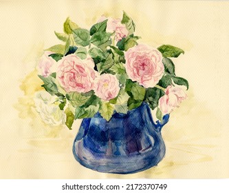 Watercolor Floral Bouquet In A Blue Vase. Hand Painted Illustration. Roses  In A Blue Jar  Isolated On A Beige Background. Greeting Card Design. 