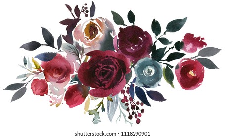 Watercolor Floral Bouquet Burgundy Bordo Red Navy Blue Roses Peonies Leaves Isolated On White Background