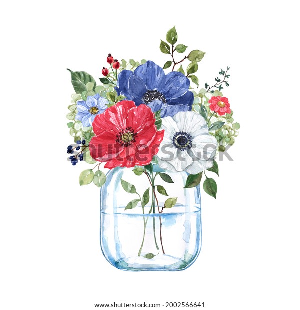 Watercolor floral bouquet in a glass jar. Hand
painted illustration. Red, white and navy blue flowers, green
leaves arrangement. Holiday card
design.