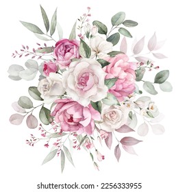 Watercolor floral bouquet with green leaves, pink peach blush white flowers leaf branches, for wedding invitations, greetings, wallpapers, fashion, prints. Eucalyptus, olive green leaves, rose, peony. - Powered by Shutterstock