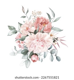 Watercolor floral bouquet with green leaves, pink peach blush white flowers leaf branches, for wedding invitations, greetings, wallpapers, fashion, prints. Eucalyptus, olive green leaves, rose, peony. - Powered by Shutterstock