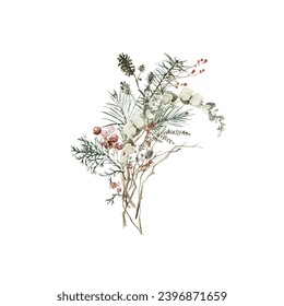 Watercolor floral bouquet. Hand painted arrangement of winter leaves, green fir tree branches, christmas red berries. Botanical winter flora of forest greenery for card design, print. - Powered by Shutterstock