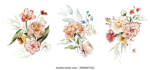 Watercolor floral bouquet illustration set - blush pink blue yellow flower green leaf leaves branches bouquets collection. Wedding stationary, greetings, wallpapers, fashion, background.