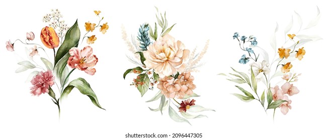 Watercolor Floral Bouquet Illustration Set - Blush Pink Blue Yellow Flower Green Leaf Leaves Branches Bouquets Collection. Wedding Stationary, Greetings, Wallpapers, Fashion, Background.